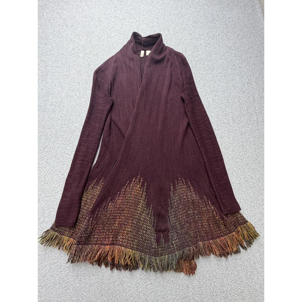 Moth Cardigan Sweater Womens XS Purple Open Front Fringe Hem Knit Boho Geometric